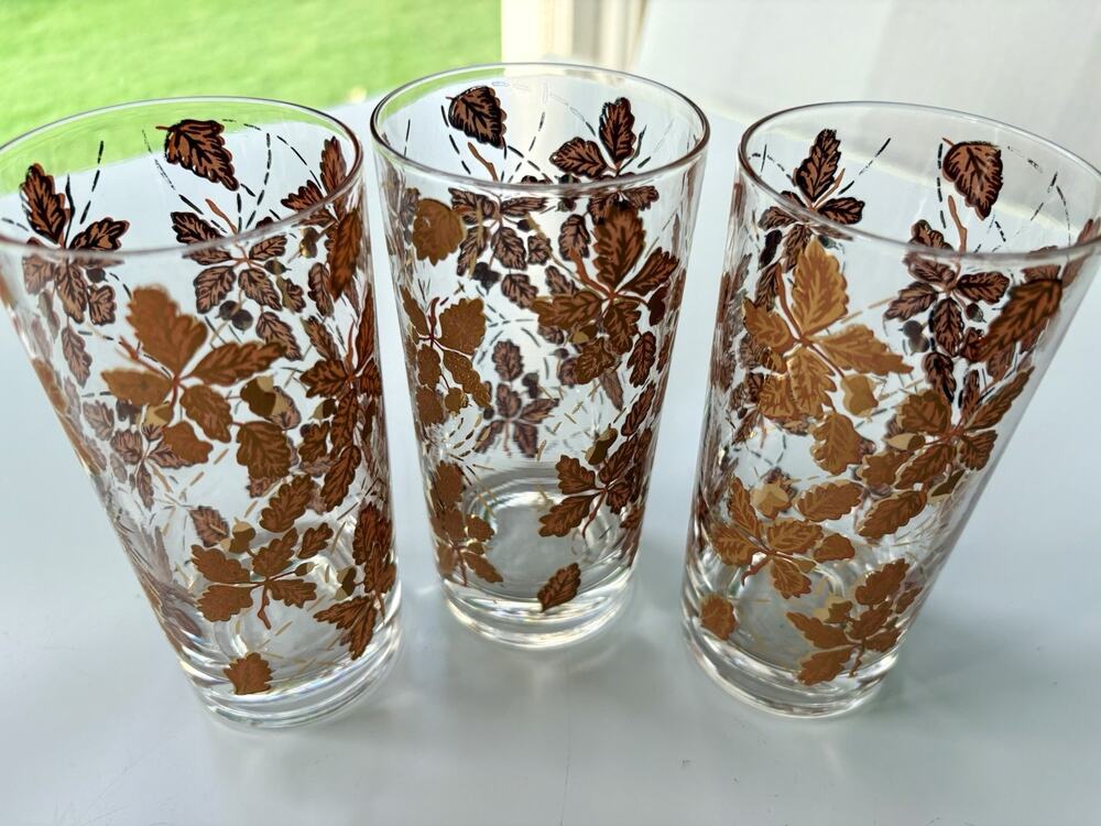 Gold Maple Leaf Tumblers Glasses Set of 3 MCM Highball Drinking Set 60's 70's